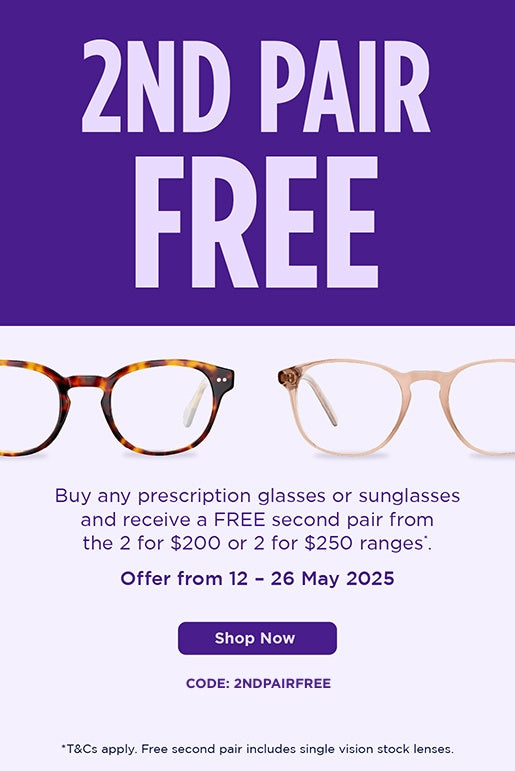 Buy any prescription glasses or sunglasses & get a FREE second pair from the 2 From $200 / 2 From $250 ranges.* Use code: 2NDPAIRFREE