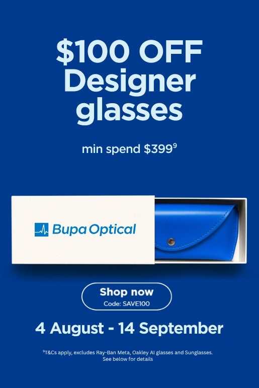 Promotional graphic for Bupa Optical offering $100 off designer glasses, with a blue envelope-style glasses case shown inside a white box on a solid blue background with sale text and a 'Shop now' button.