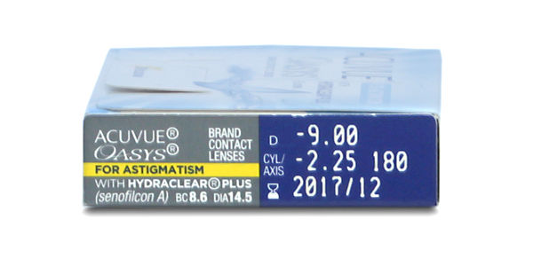 Side shot of a box of Acuvue Oasys for Astigmatism 6 pack with prescription information
